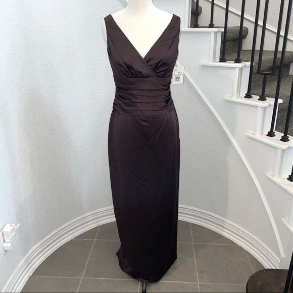 New with tags sleeveless v-neck ruched satin brown dress with back slit. 8